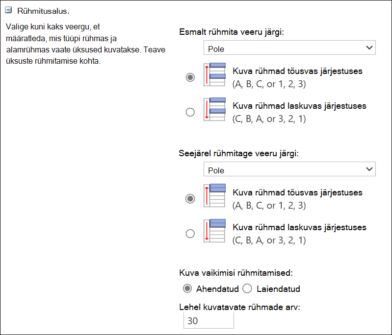 Kuvatõmmis rühmitamisest kuni 2 veeru alusel.