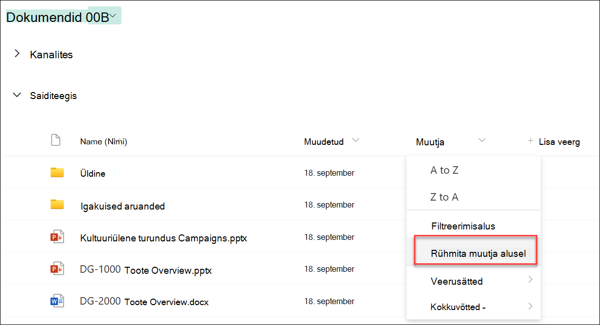 Screenshot of grouping by column name
