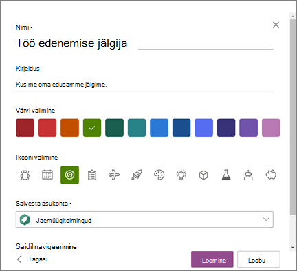 Kuvatõmmis loendi nime sisestamisest ja SharePointi saidi valimisest asukohana, kuhu loend salvestatakse loendi loomisel