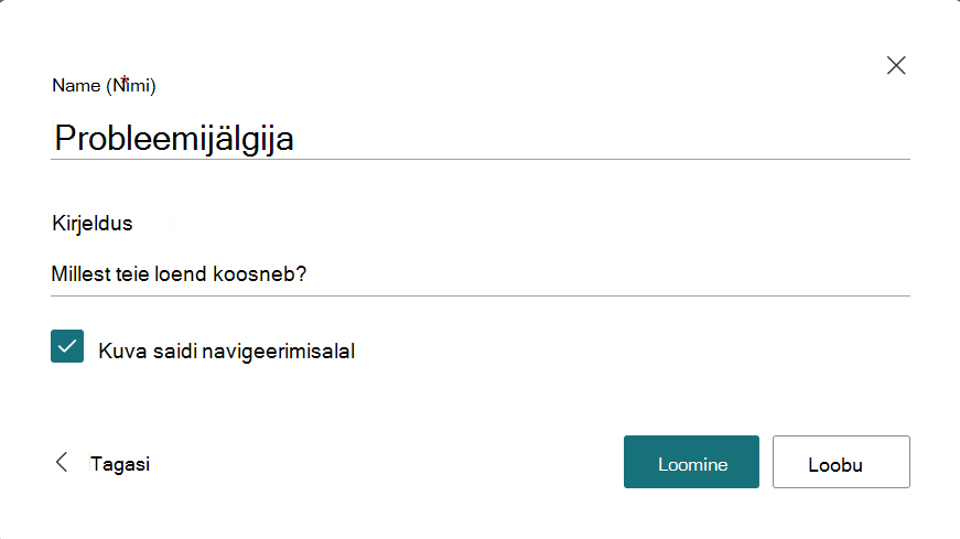 Dialoogiboks uue loendi nime ja kirjelduse sisestamiseks