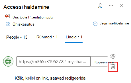 Kuvatõmmis juurdepääsu haldamise dialoogiboksist, kus on avatud lingi vahekaart. Lingi eemaldamise nupp on esile tõstetud.