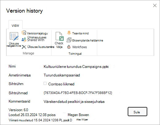 Konkreetse faili versiooniajaloo dialoogiboks.