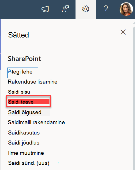 The Site Information option in the Settings dialog box.