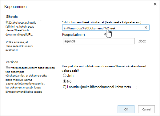 Kopeerimise dialoogiboks esiletõstetud URL-iga