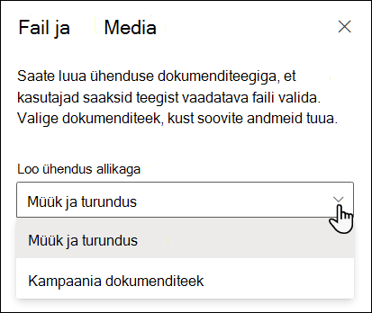 Failivaaturi atribuudipaan koos allikaga ühenduse loomise ripploendiga