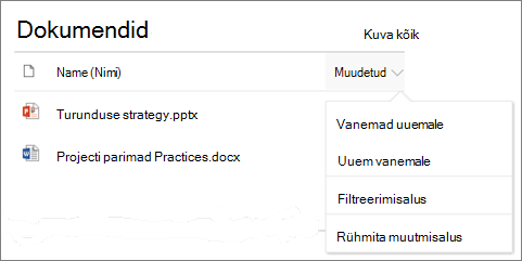 Dokumenditeegi veebiosa, kus on kuvatud sortimis-, filtreerimis- ja rühmamenüü