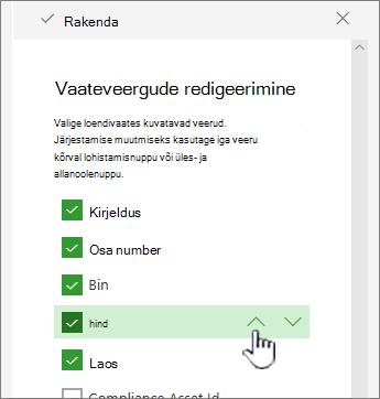 Üles- või allanoole kasutamine või veeru asukoha lohistamine