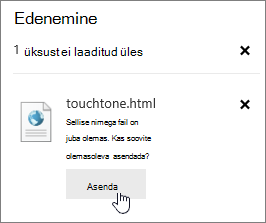 Üleslaadimise nurjumise dialoogiboks, kus on esile tõstetud asendusnupp