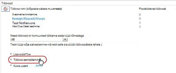 Töövoo sätete leht koos kuvatud töövoo eemaldamise lingiga