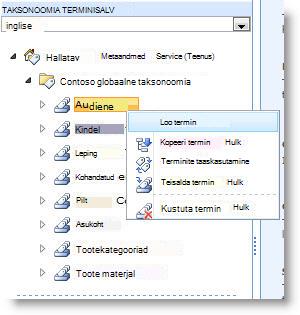 Menüü toimingutega, mida saate terminikomplektiga sooritada.