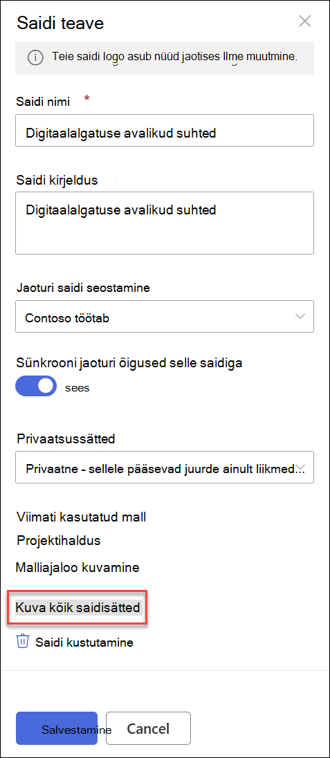 Site Information dialog box.