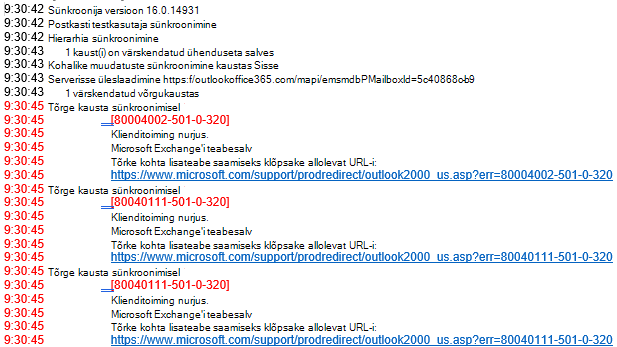 Tõrgete loend Outlooki logis