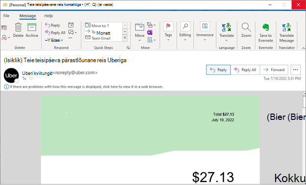 Kuvatõmmis Outlookist, kus Outlook lõpetab Uberi kviitungi meilisõnumi vaatamise