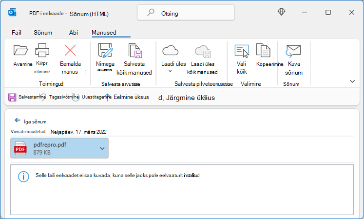 Tõrge PDF-is Outlookist kuvamise katsel