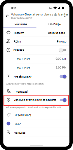 Kuvatõmmis, millel on kujutatud mobiilsideseadmes vahetuse lüliti Ava vahetus üle asukohtade.