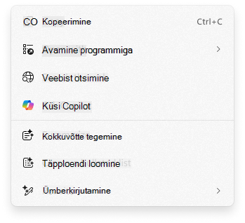 Screenshot of the Click to Do context menu with Küsi Copilotilt