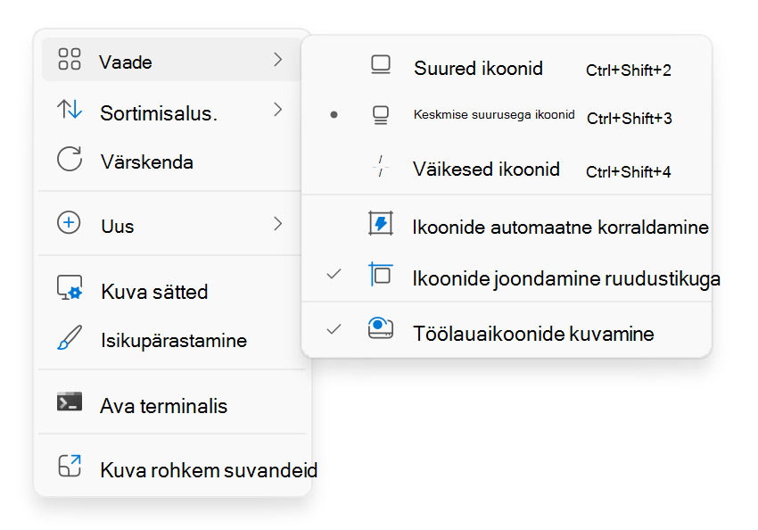 Kuvatõmmis töölaua kontekstimenüüst, mis kuvatakse paremklõpsamisel.