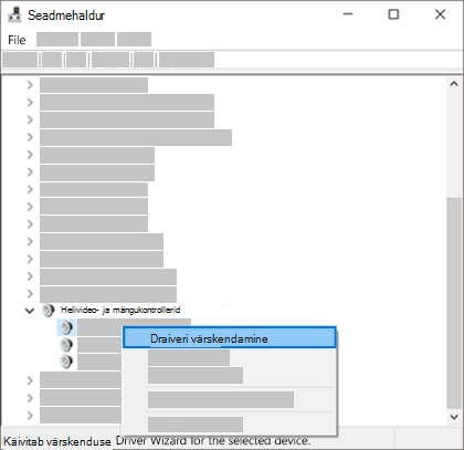 Paremklõpsake seadme loendit ja valige Draiveri värskendamine
