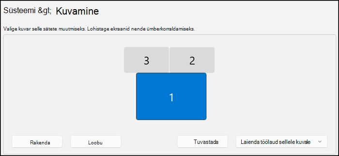 Kuvab kuvari jaotise, mis näitab, kuidas kuvarid on korraldatud. Tekst ütleb, et saate sätete muutmiseks valida kuvari või lohistada kuvarid nende korraldamiseks.