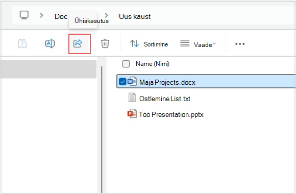 File Exploreri faili ühiskasutusse andmise kuvatõmmis