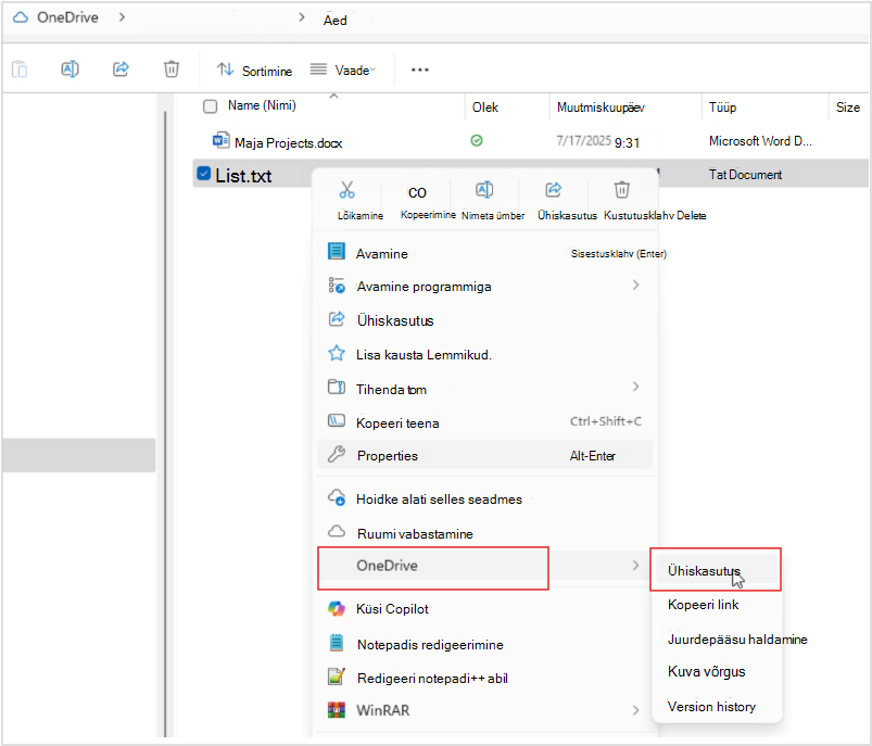 Kuvatõmmis OneDrive'i failijagamisest