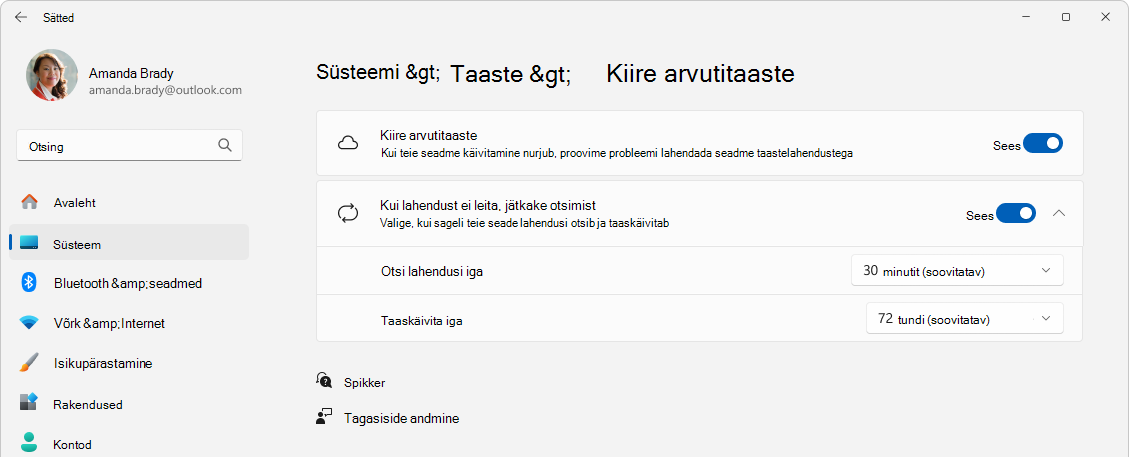 Kuvatõmmis sätete > taastamise > kiirmasintaastest.