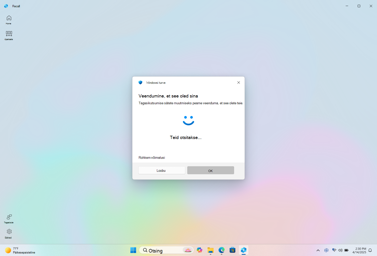Tagasikutsumise autendimise kuvatõmmis koos Windows Hello