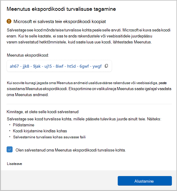 Tagasikutsumise ekspordikoodi kuvatõmmis