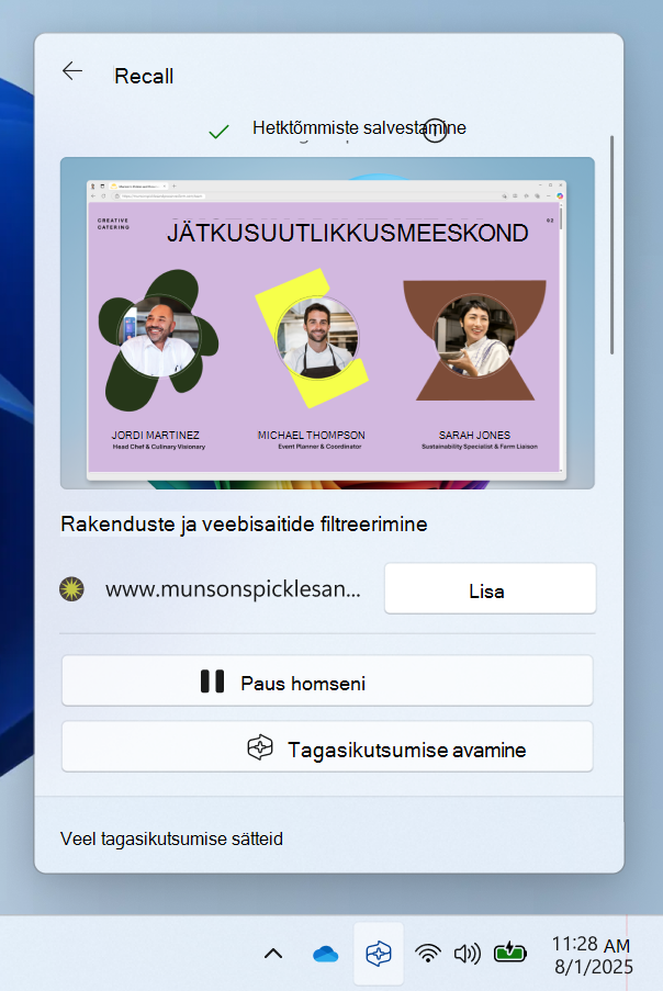 Kuvatõmmis kiirsätetest tagasikutsumise süsteemisalve ikooni kaudu