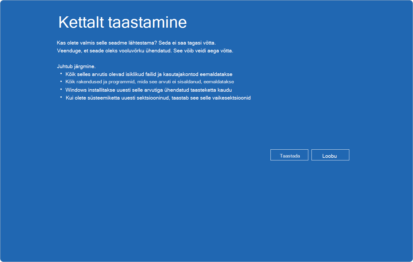 Windowsi taastekeskkonna kuvatõmmis, mis näitab draivilt taastamise kinnitust