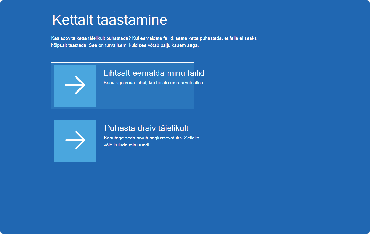 Windowsi taastekeskkonna kuvatõmmis, mis näitab draivilt taastamise võimalusi