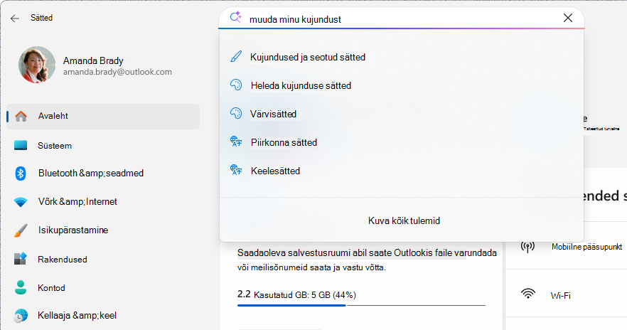 Kuvatõmmis sätete otsingust.