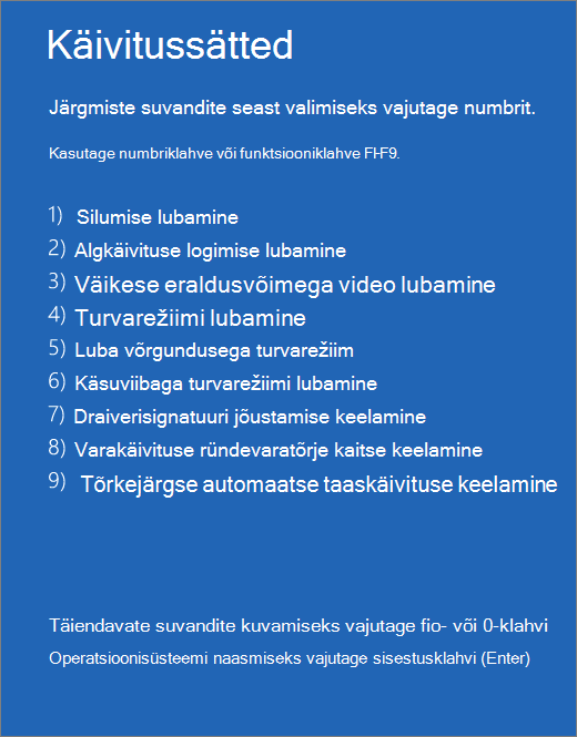 Käivitussätete loendi kuvatõmmis.