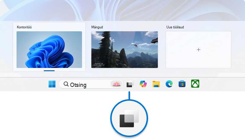 Kuvatõmmis tegumiriba Windows 11, kus on rõhku pandud tegumivaate nupule.