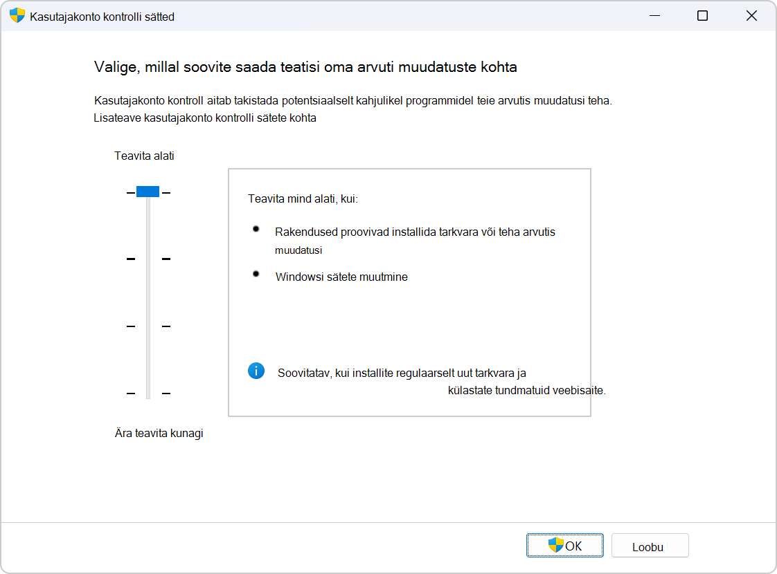 Screenshot of the settings to configure UAC.