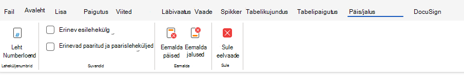 Päise- ja jalusesuvandid lindil