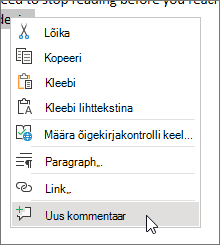 Kontekstimenüüs käsu Uus kommentaar valimine