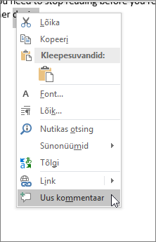 Kontekstimenüüs käsu Uus kommentaar valimine
