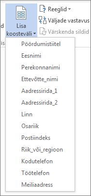 Saadaval välju sisaldav koostevälja lisamise menüü