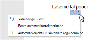 Automaatkorrektuuri suvandite nupud ja menüü dokumendi parandatud tööl
