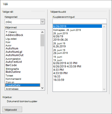 Väljavalikukategooriad ja atribuudid
