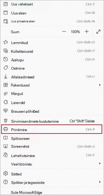 Kuvatõmmis, millel on kujutatud Microsoft Edge'i menüü Rohkem käsk Prindi.