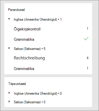 Parandused ja täpsustused loetletakse keele kohta paanil Korrektor.
