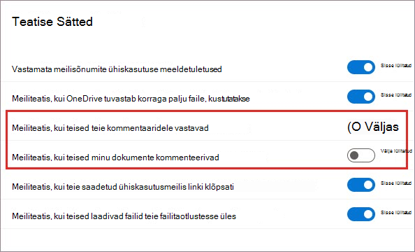 OneDrive'i teatisesätted