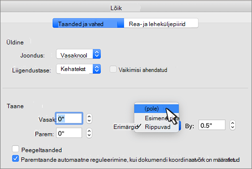 Selecting none for indent