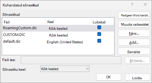 Custom dictionary dialog box