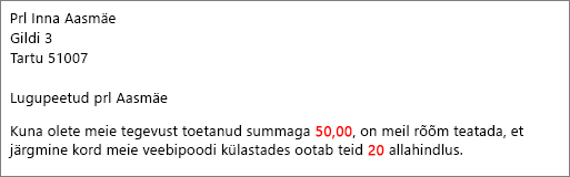 Kirjakoostedokument, mis loeb ette teie 50.00 panuse ja pakub teile 20 allahindlust.