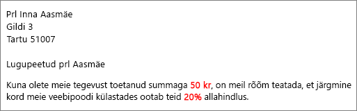 Kirjakooste tulemuste dokument loeb ette teie 50,00 dollari suuruse panuse ja pakub teile 20% allahindlust.