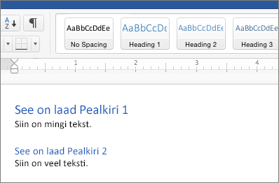 Examples of Heading 1 and Heading 2 styles in a document