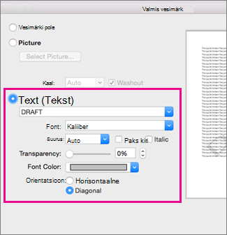 The Insert Watermark dialog box with a highlight around the Text options
